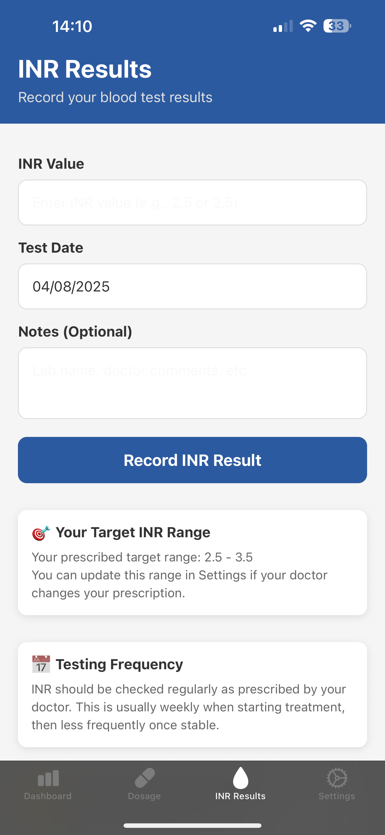 INRhythm INR Levels Screen