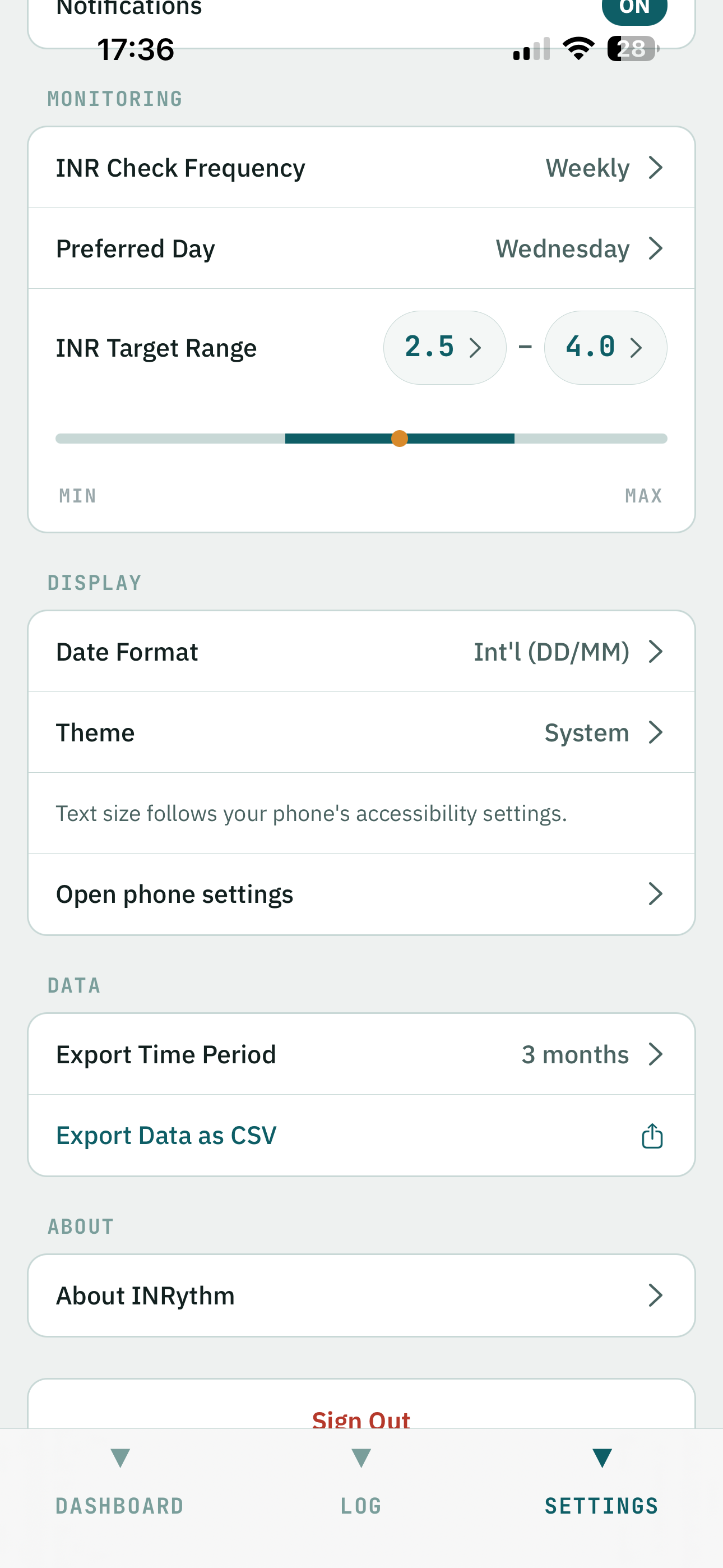 INRythm settings showing INR target range, check frequency, theme, date format, and CSV export options